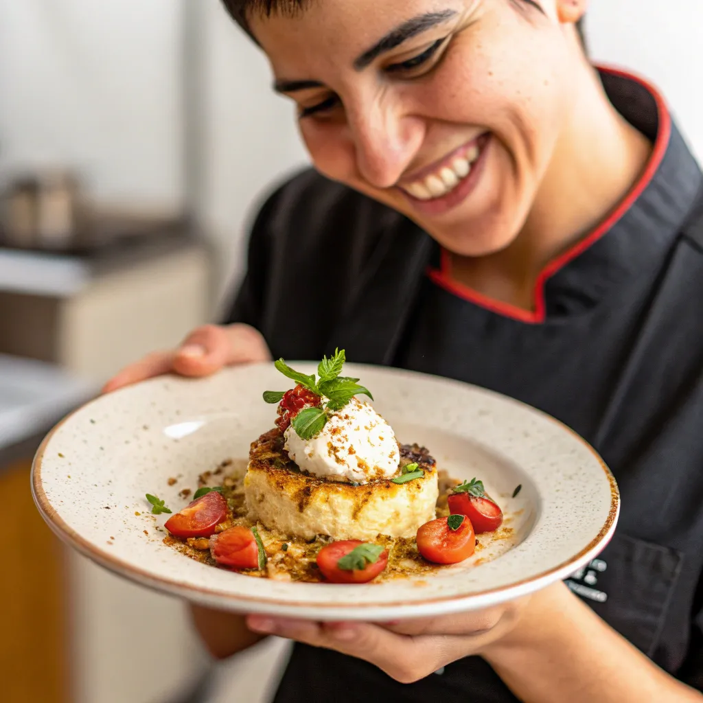 A smiling person holding a plate of a dish prepared