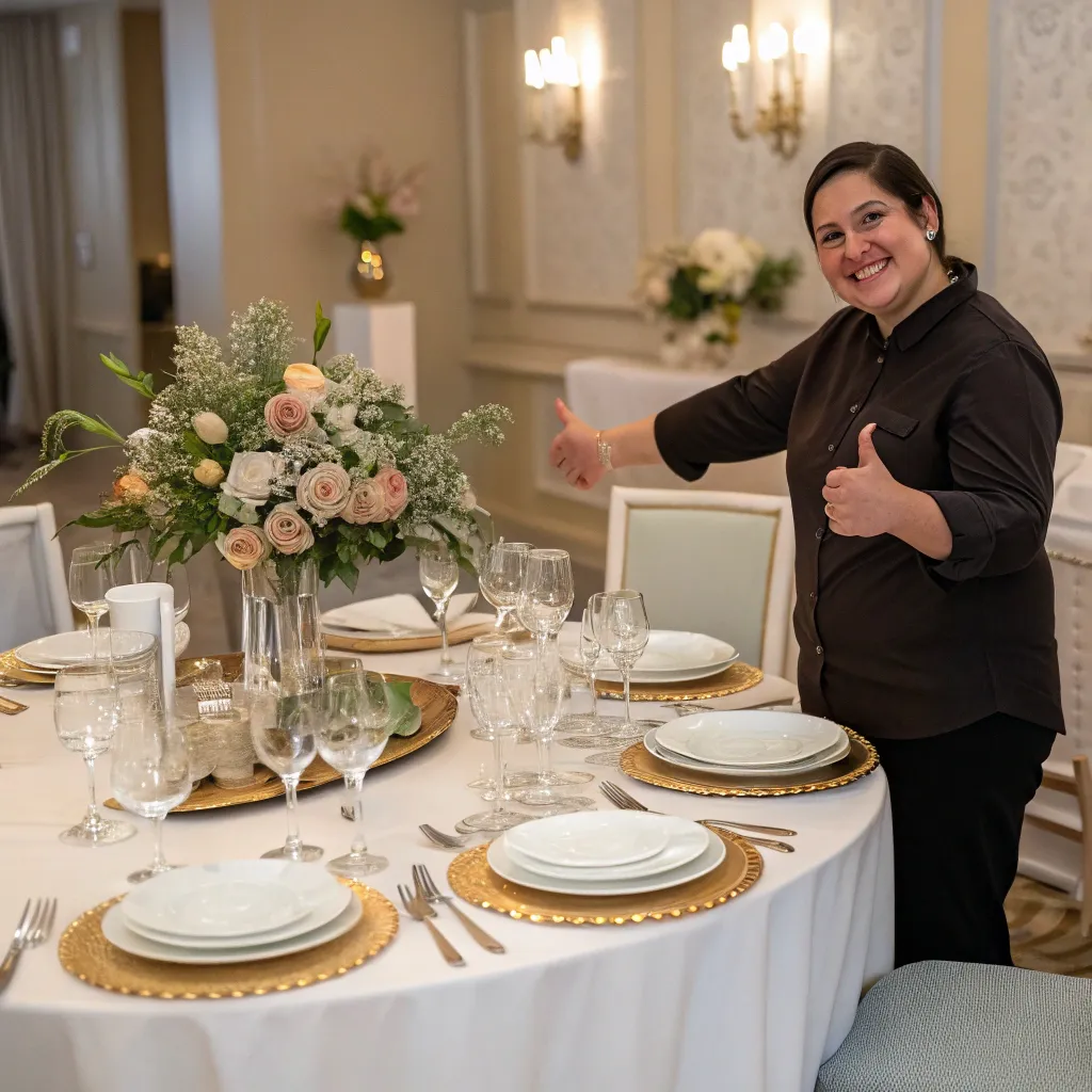 A person giving a thumbs up next to a well-set dinner table