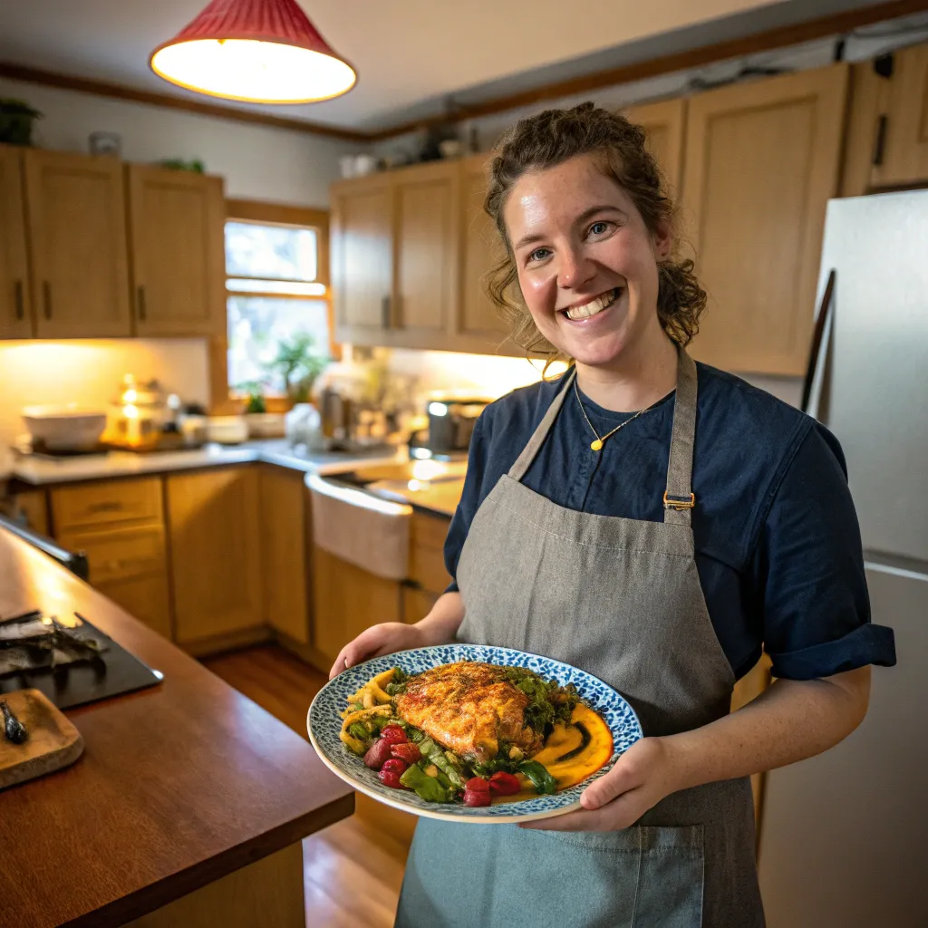 A person proudly displaying a cooked meal in a kitchen setting